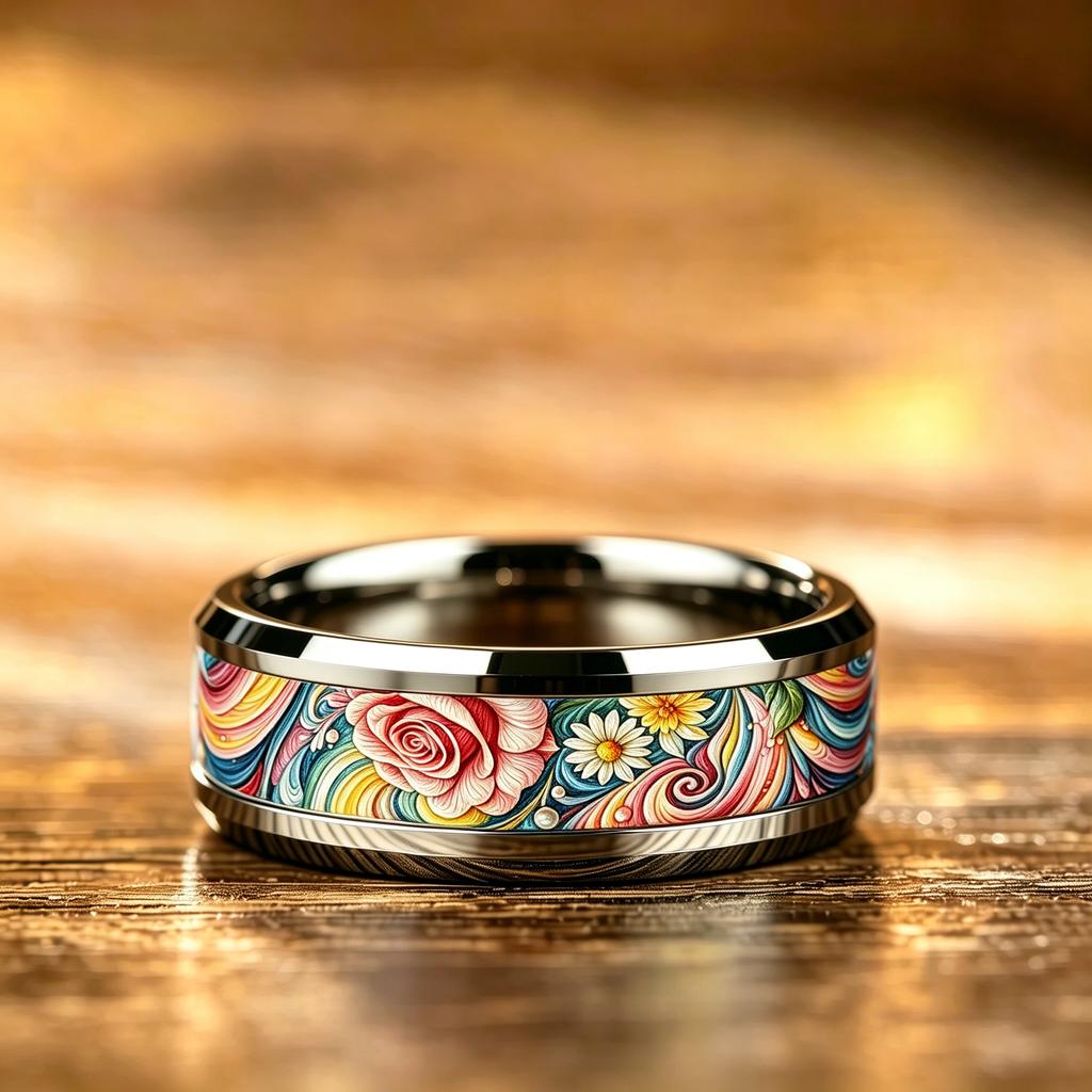 Boho Vintage Colorful Daisy Flower Inlaid Stainless Steel Rings For Women Men High Polished Bevel Edge Wedding Band Jewelry Gift