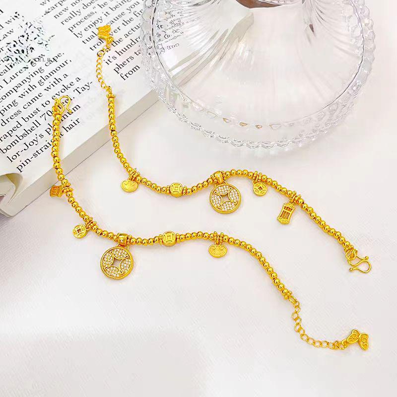 Gold-Plated Diamond Copper Coin Bracelet: Women's Chinese-Style Beaded Jewelry