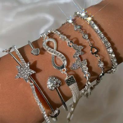 Elegant Sparkling Rhinestone Bracelets Set for Women Butterfly Heart Infinity Star Designs Open Bracelet Daily Wear Jewelry Gift