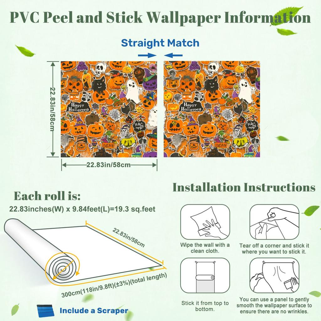Halloween Sticker Collage Wallpaper 22.83"X118" Waterproof Wallpaper for Living Room/Bedroom/Bathroom PVC Wall Sticker