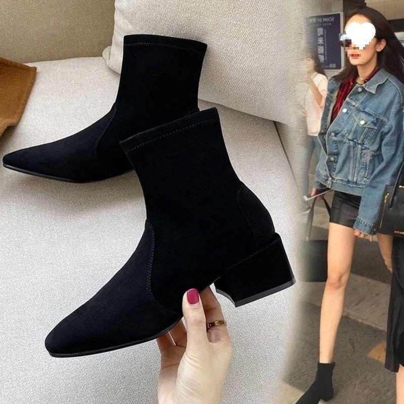 Skinny boots Chelsea high-heeled short boots women's shoes 2025 new spring and autumn single shoes thick heel large size 41-42