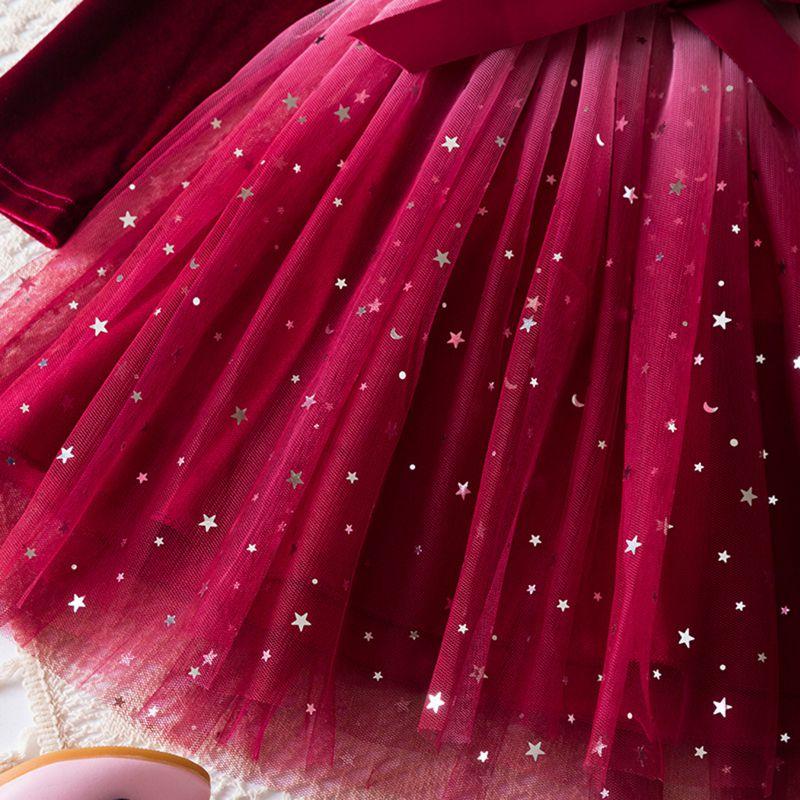 3-7 Years Kids Girls Starry Sky Style Mesh Skirt Dress Long Sleeve Bow Dress