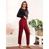 Pyjama-Set für Damen Langarm Zweiteiliger Pyjama Damen Lässig Sportlich High-Waist Oberteil Karierte Hose Mode Schlichte Nachtwäsche