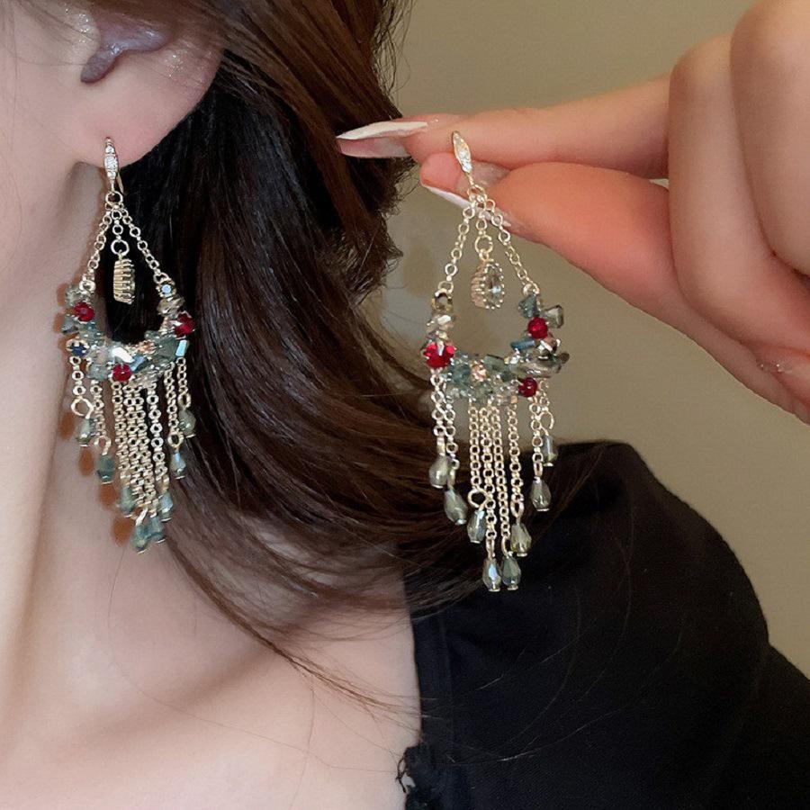 High-End Silver Needle Crystal Tassel Earrings: Diamond Inlaid Floral Retro Ethnic Style