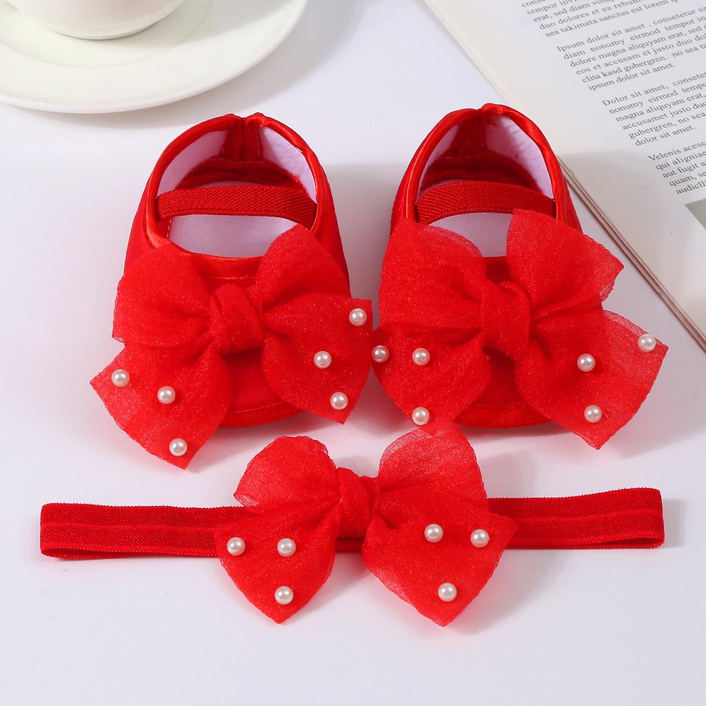 Elegant Lace Pearl Tulle Bow Baby Crib Shoes Matching Stretch Headband Set, Non-Slip Flexible Sole Toddler First Walkers Princess Outfit Accessory