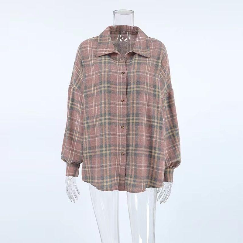 

European and American Fashion Loose Lapel Plaid Shirts All-Match Long sleeve Shirt Loose Plaid Lapel Shirt Plaid S