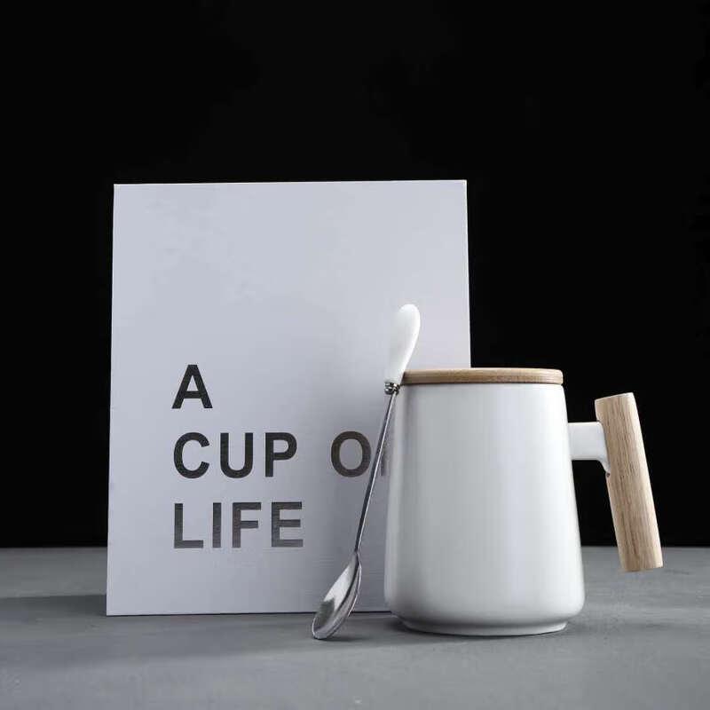 Creative Ceramic Mug with Wooden Handle, Lid, and Spoon