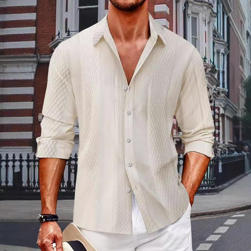 

2026 Spring Autumn Fashion Men s Long Sleeve Inch Shirt Casual Large Size Coat Jacquard Single Breasted Men s Long Sleeve Shirt with Lapel S белый