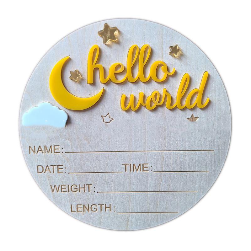 Wooden Hello World Newborn Sign, Cute Birth Announcement Board Baby Announcement