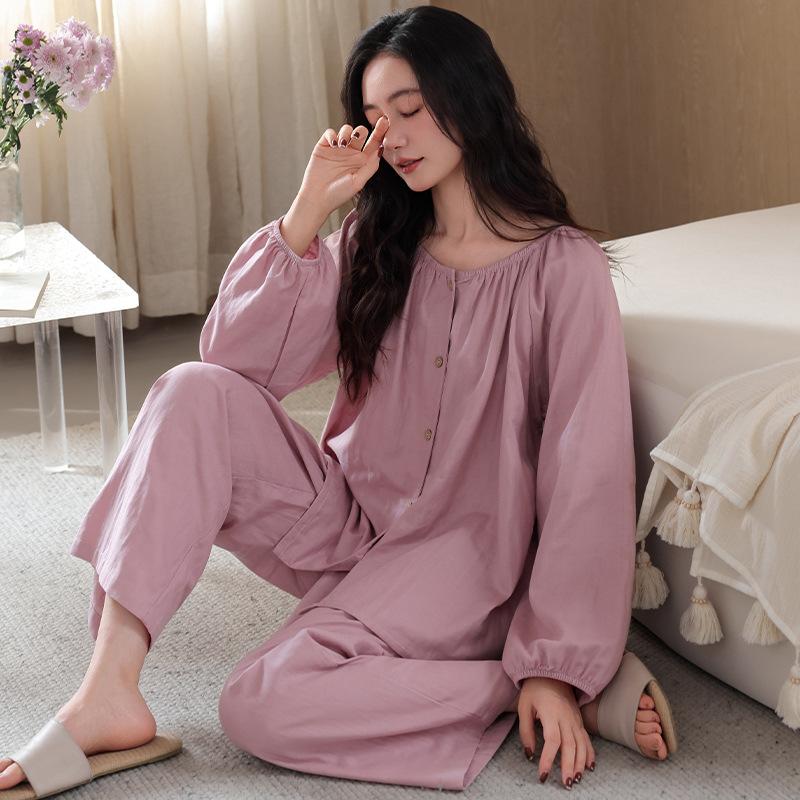 Spring pajamas women's 1011 new pure cotton simple spring and autumn long-sleeved cardigan two-piece cotton loungewear set