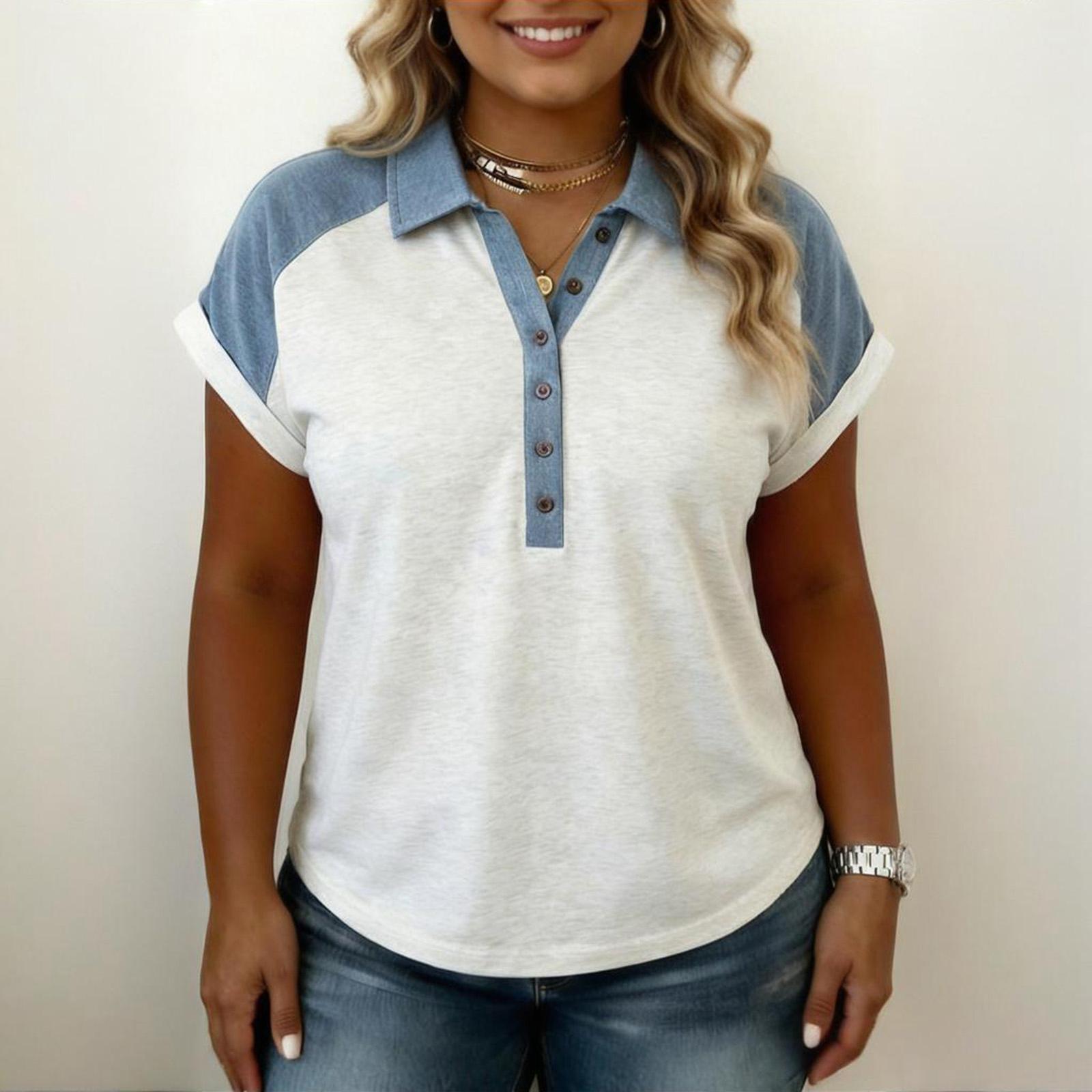 

Women s Fashion New Summer Pullover Collar Button-Down T-Shirt, Denim Color Block Plus Size Raglan Top XXXL
