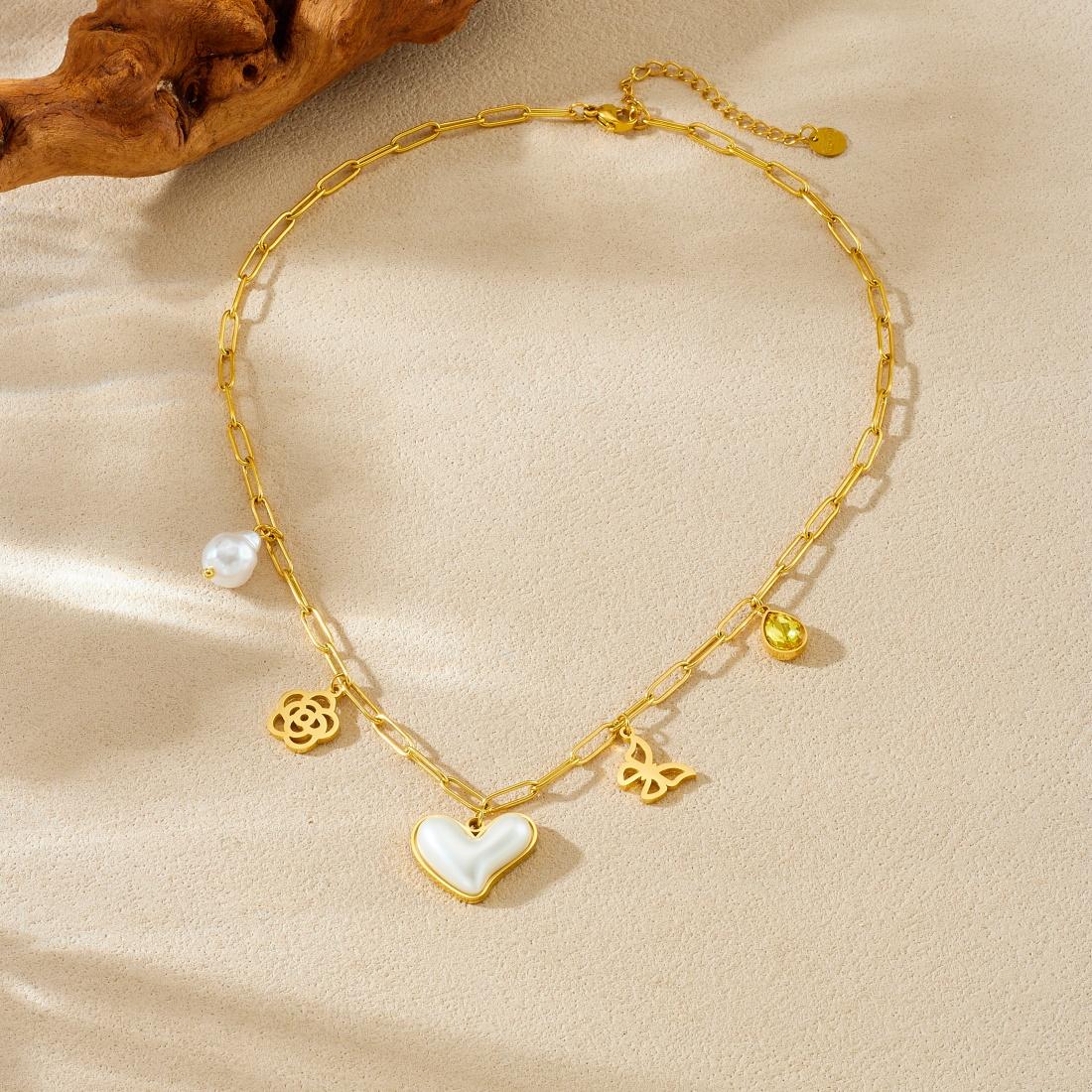 316L Stainless Steel Elegant White Pearl Heart White Pearl Flower Pendant Necklace Women Trendy Waterproof Jewelry Gift
