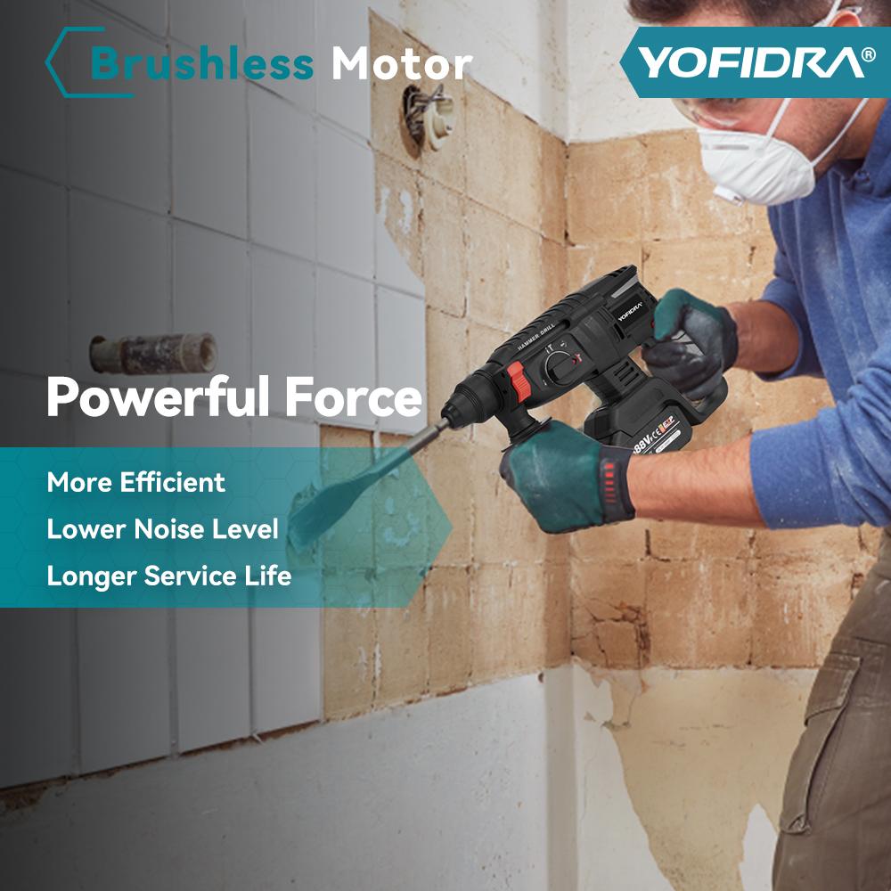 Yofidra 26MM Brushless Electric Hammer Electric Pick Impact Drill Multi-function Cordless Rotary Tool Fit For Makita 18V Battery Pin