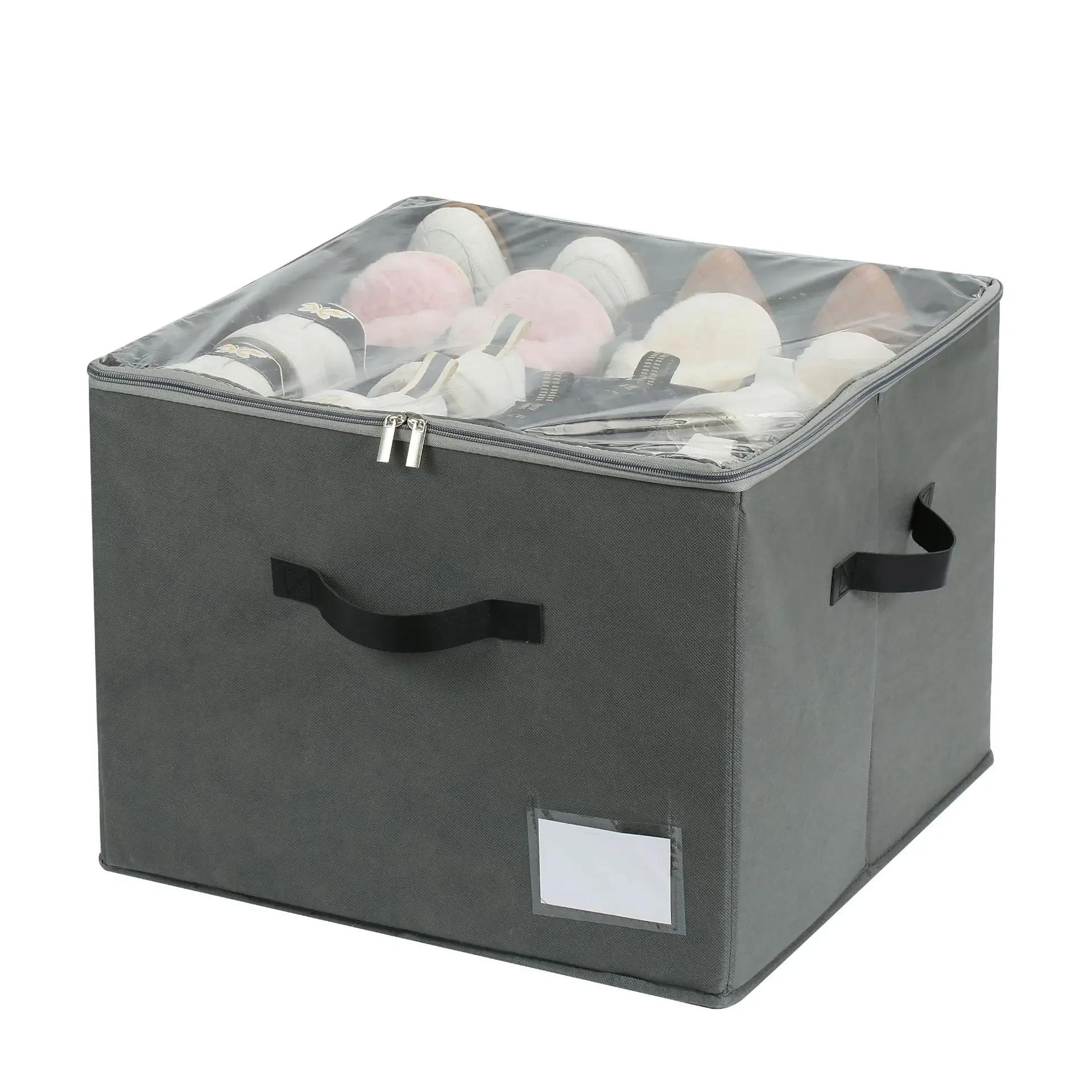 

12 Compartment Foldable Zippered Dustproof Storage Box Shoe Organizer with Clear Zippered Lid with Carry Handle Under Bed Closet сірий колір