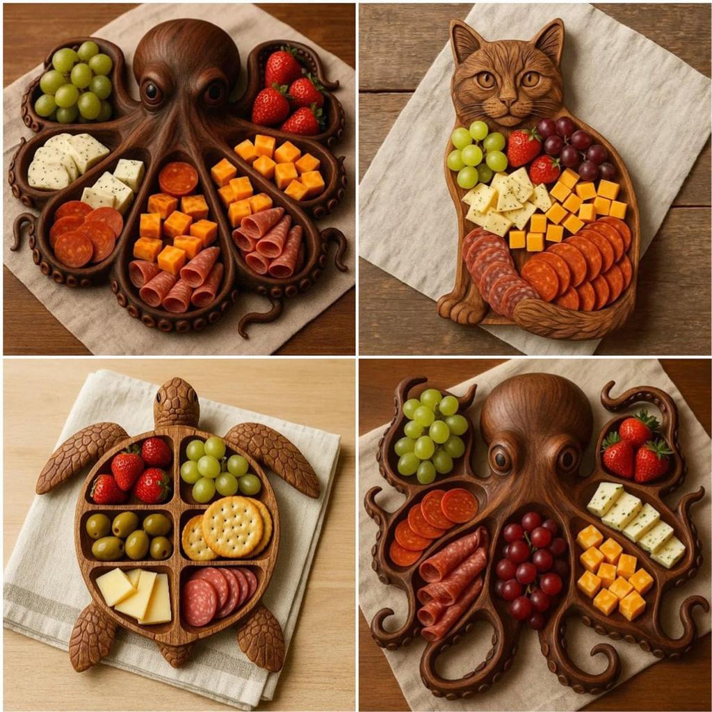 Platter, Animal Design Wood Serving Tray, Novelty Unique Funny Design Platter For Fruit, Snacks, With Tongs And Fork, Gift