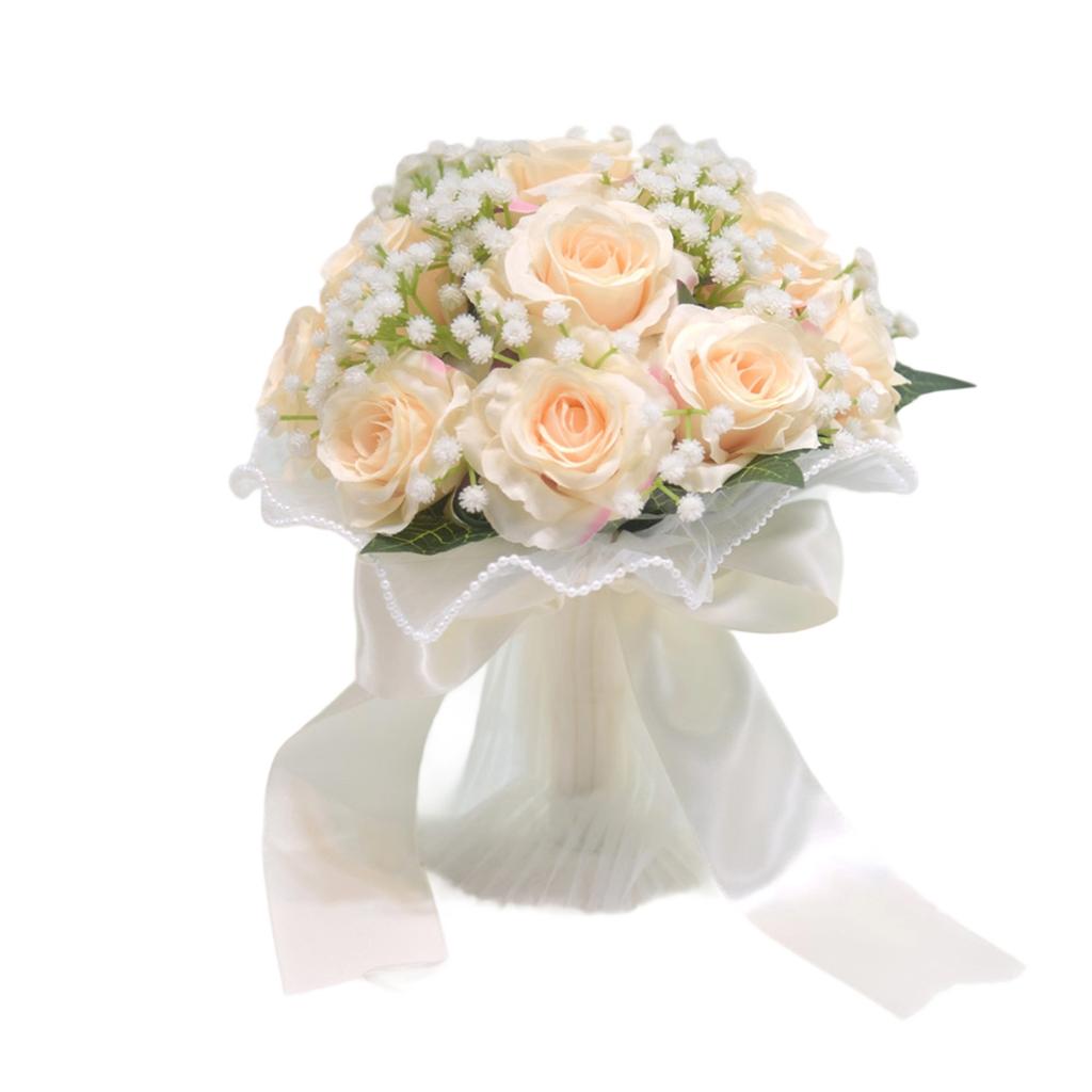 Elegant Bridal Bouquet with White Roses and Baby s Breath adorned with Pearls - Artificial Handheld Wedding Floral Arrangement