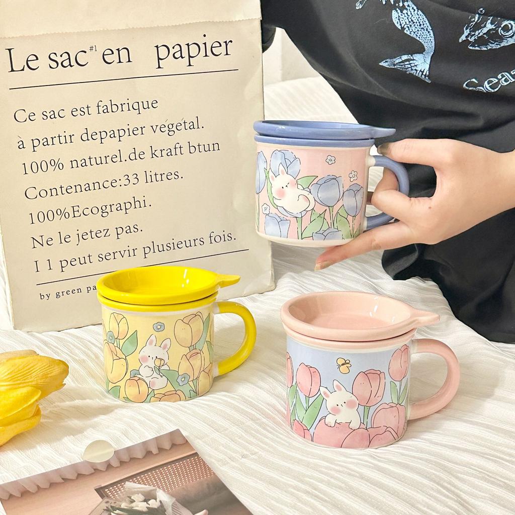 Mug with Lid High Value Ins Fengshui Cup for Girls Cute Home Breakfast Cup Ceramic Cup Souvenir Gift