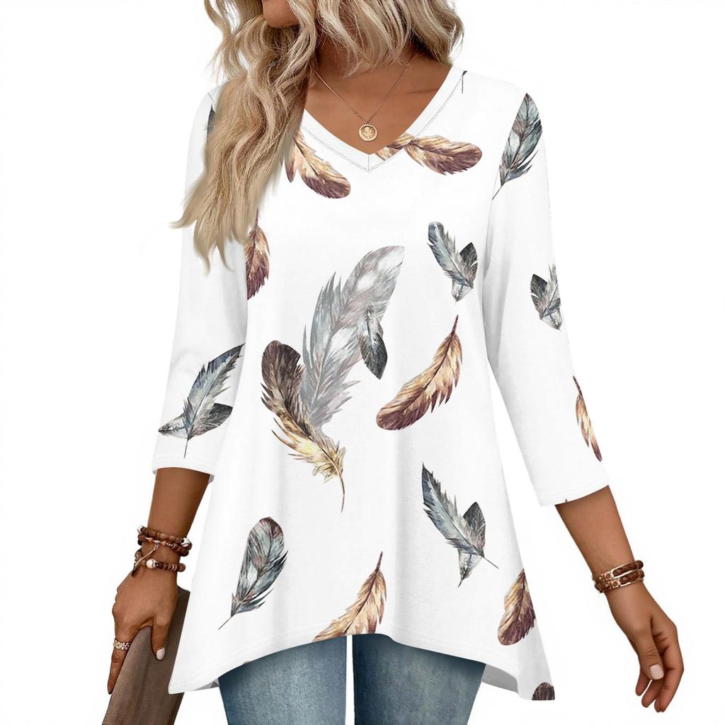 Womens Tops V-neck 3/4 Sleeve Blouses Casual Mid-length Shirts Fashion Print Tunic Tops