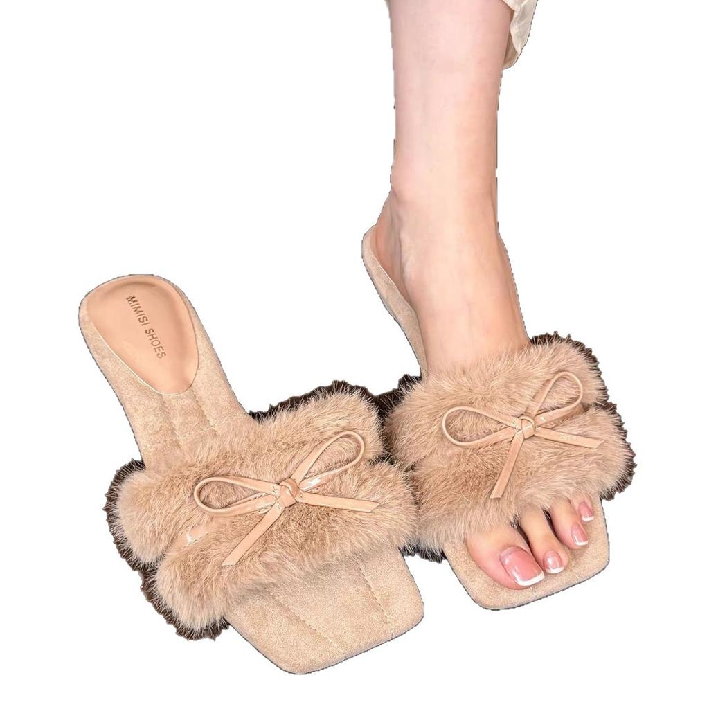 Měkké voskové sweetheart čtvercová špička otevřené prsty mašle silný podpatek podzim a zima nadýchané pantofle na nošení jednoslovný bavlněný mop