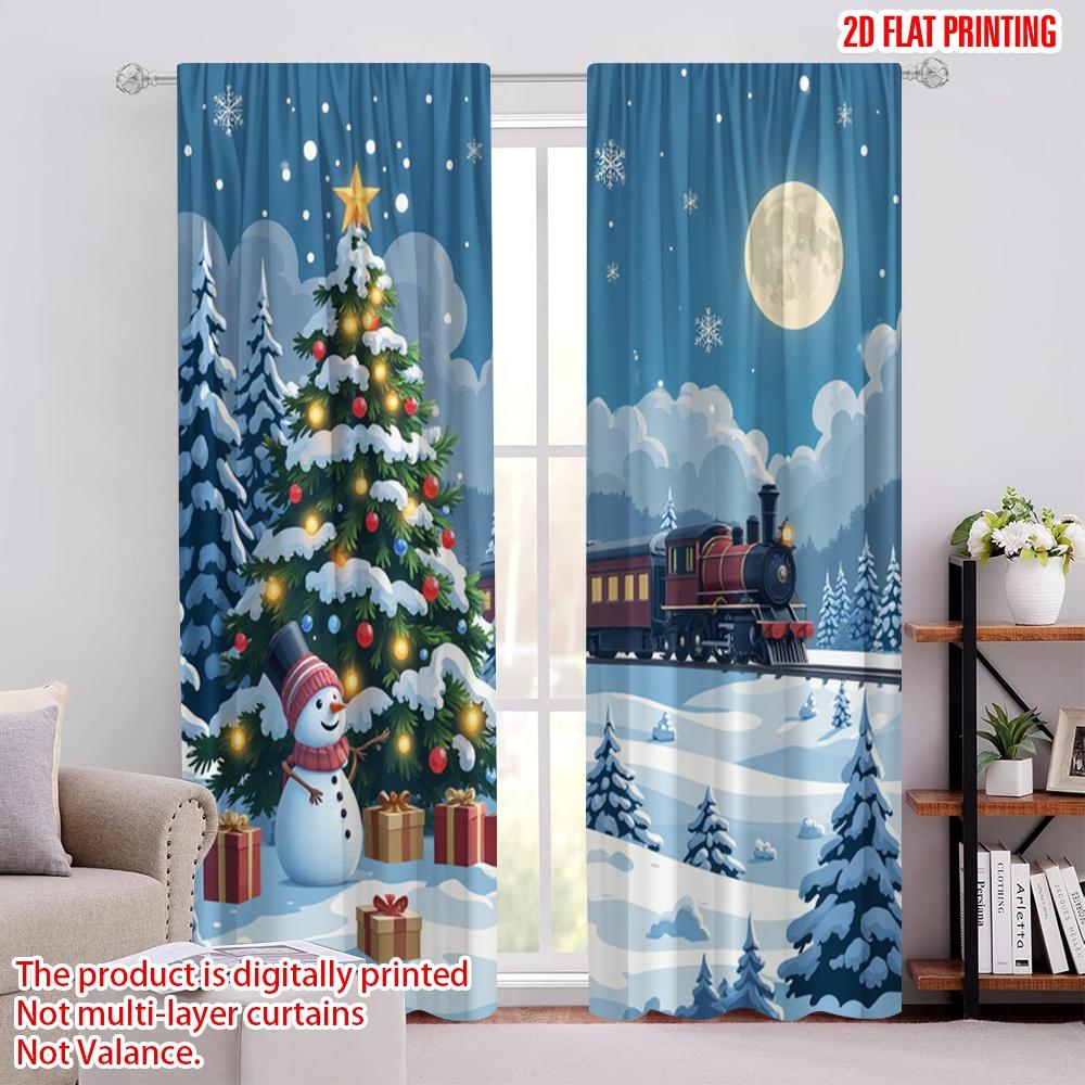 

2pcs 2D flat printing Merry Christmas Window Drapes Christmas Eve Snow Train Polyester Fabric Without Electricity Birthday Party 100*130 Grommet Top 1pcs
