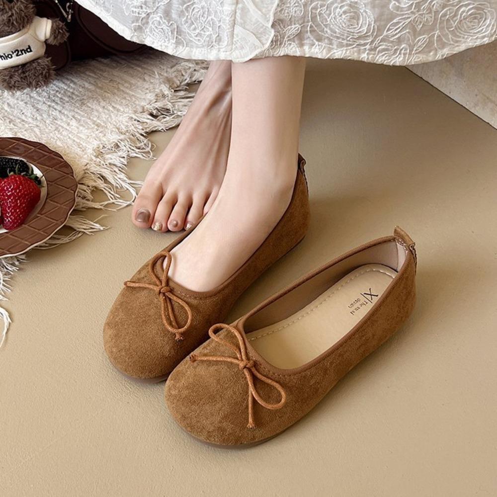 Pantofi de balet cu fundă din piele întoarsă franțuzească la modă, primăvară și vară, nou, delicat, slip-on, cu față moale, pantofi plați de damă, la modă