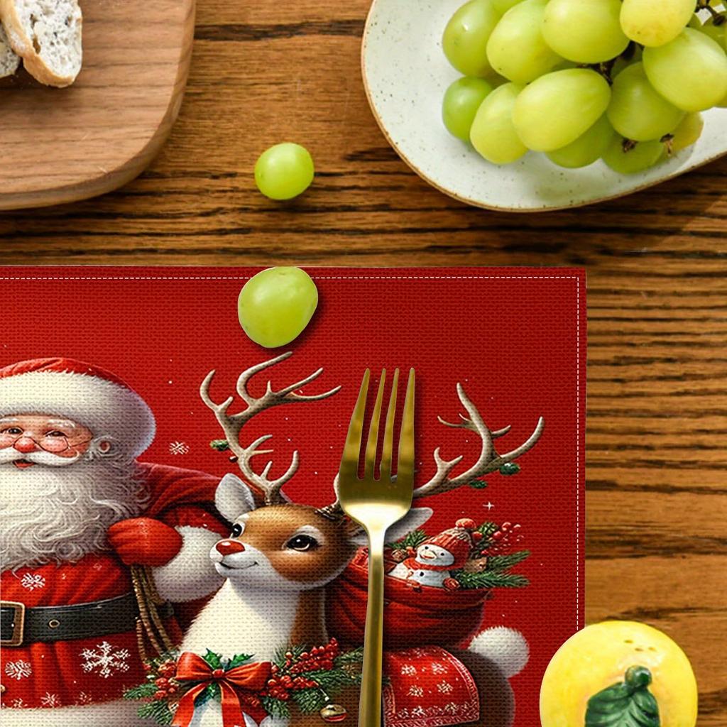 4-Piece Santa's Reindeer Placemats Easy-Clean Christmas Dinner Family Gatherings & Holiday Parties Table Decor