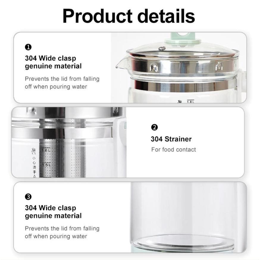 Ceainic Electric Multifuncțional de Sănătate cu Capacitate Mare de 1,8L, Sticlă Groasă, Fierbător Electric cu Temperatură Reglabilă, Ceainic Electric de Sănătate