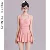 Women's Fashionable One-Piece Dress-Style Swimsuit: Boxer Style, White, Conservative, Waist Gathering, Tummy Control, for Hot Springs.