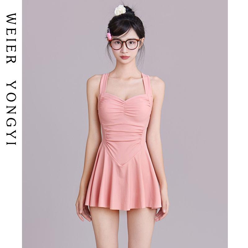 Women's Fashionable One-Piece Dress-Style Swimsuit: Boxer Style, White, Conservative, Waist Gathering, Tummy Control, for Hot Springs.