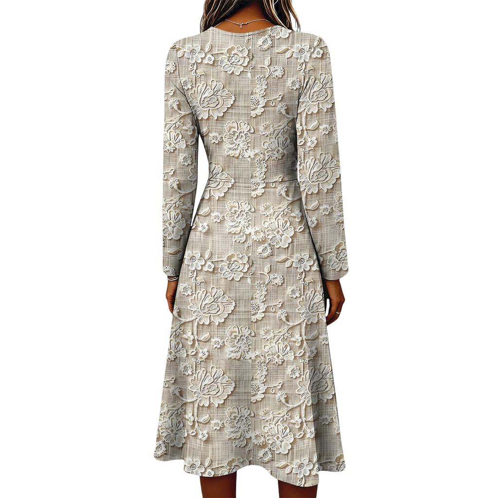 Women's Floral Casual Fashion Long-Sleeved Padded V-Neck Dress