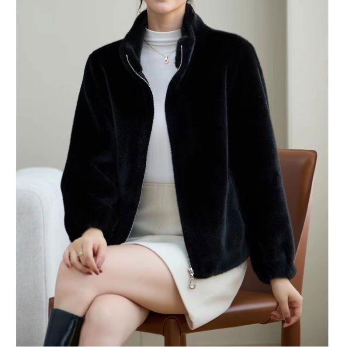 Chic Women's Thickened Warm Stand Collar Jacket – High-End Solid Color Short Winter Cardigan