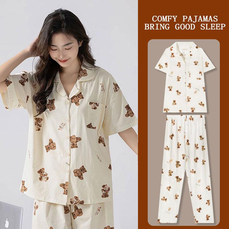 Japanese Kitty Cat Pajamas Women's Summer Thin Short-sleeved Trousers Loose Plus Size Girl Raw Loungewear Set