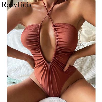 Sexy Cut Out Wrinkled Halter Monokini Women Swimwear One Piece Swimsuit Female High Leg Cut Bather Bathing Suit Swim Lady