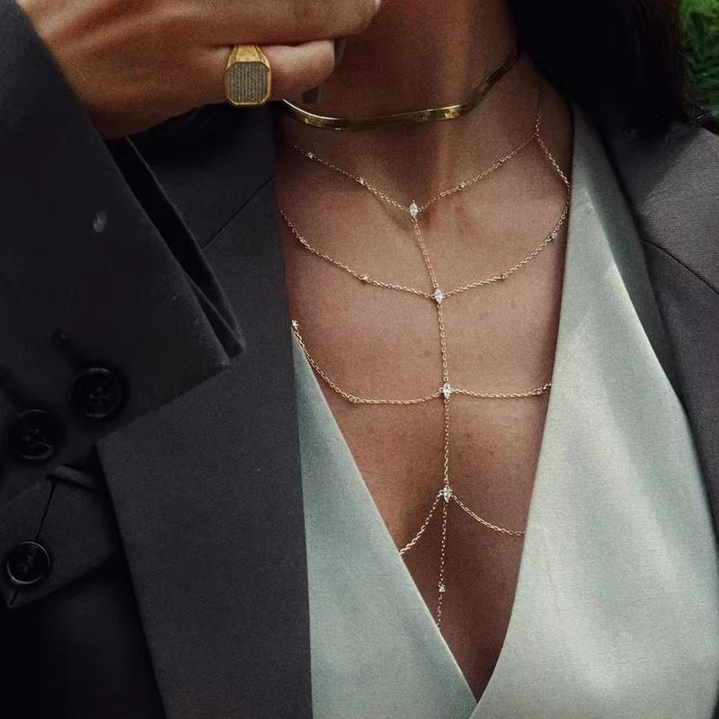 Summer Dancing Party Sexy Body Chain for Women 18K Gold Plated Mini Tassel Chain Setting Iced Out Zircons Jewelry