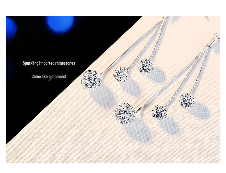 925 Sterling Silver Slim Long Tassel Rhinestone Ball Earrings for Women - Korean Fashion Dangle, Elegant & Versatile