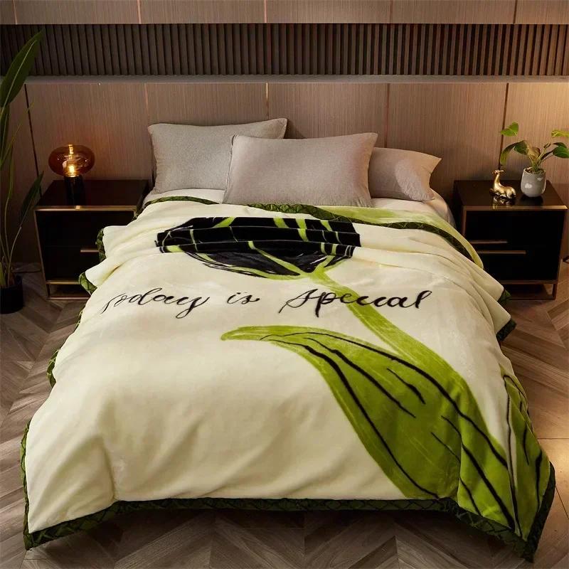 Double Sided Printed Autumn Winter Blankets for Bed Soft Warm Encrypted Flocking Raschel Blanket Skin Friendly Weighted Blanket