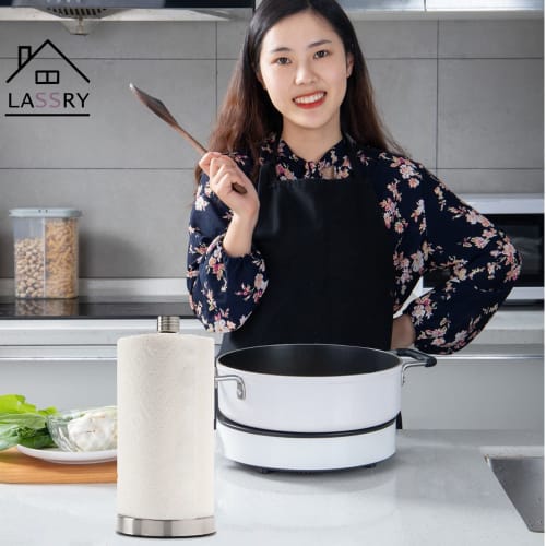 LASSRY Kitchen Paper Holder, One-Handed Removal with Suction Cups, Paper Roll Holder with Damping (M, Silver)