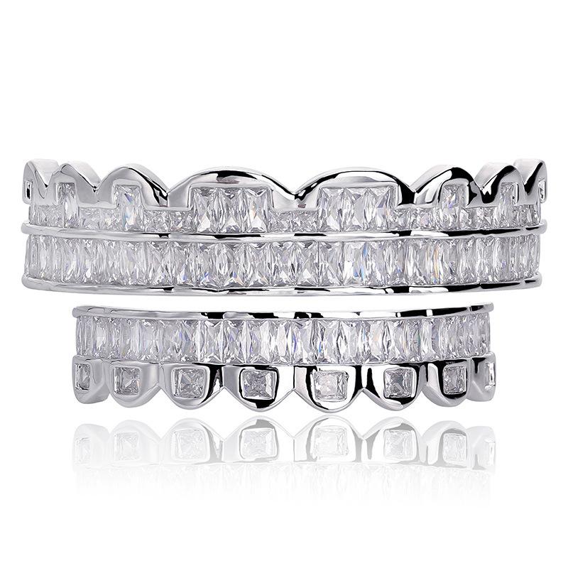 Hip Hop Copper TeethGrillz Set Micro Paved Cubic Zircon Mens Top&Bottom Grills Set With Extra Silicone