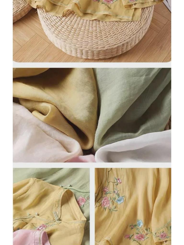 Women's Ethnic Cotton Embroidered Top - Chinese Slanted Placket with Frog Buttons, Artistic Summer Shirt