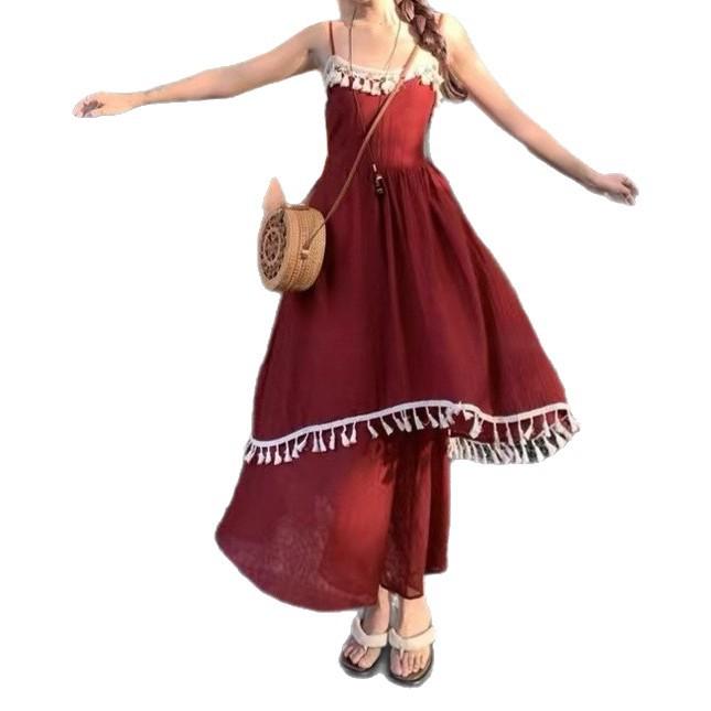Holiday wind fringe splicing suspender dress women's spring new design feeling waist gentle first love long dress