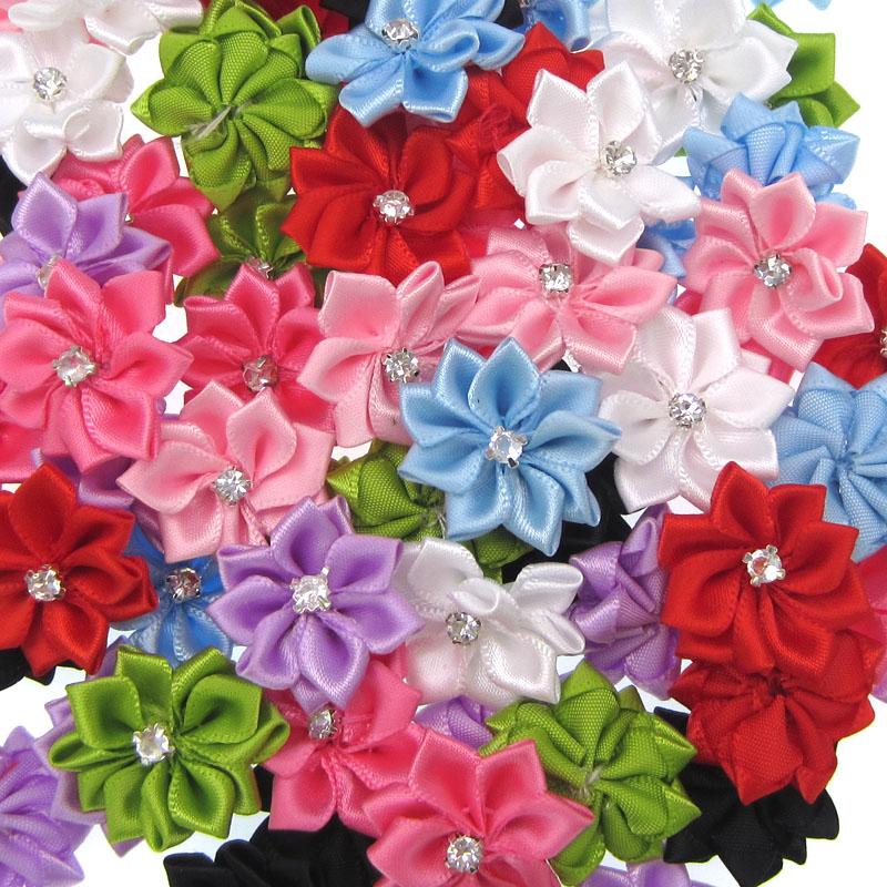 10Pcs Handmade Small Satin Flowers Fabric Rhinestone Flower Appliques For Sewing Craft Wedding Decorations 2.8cm