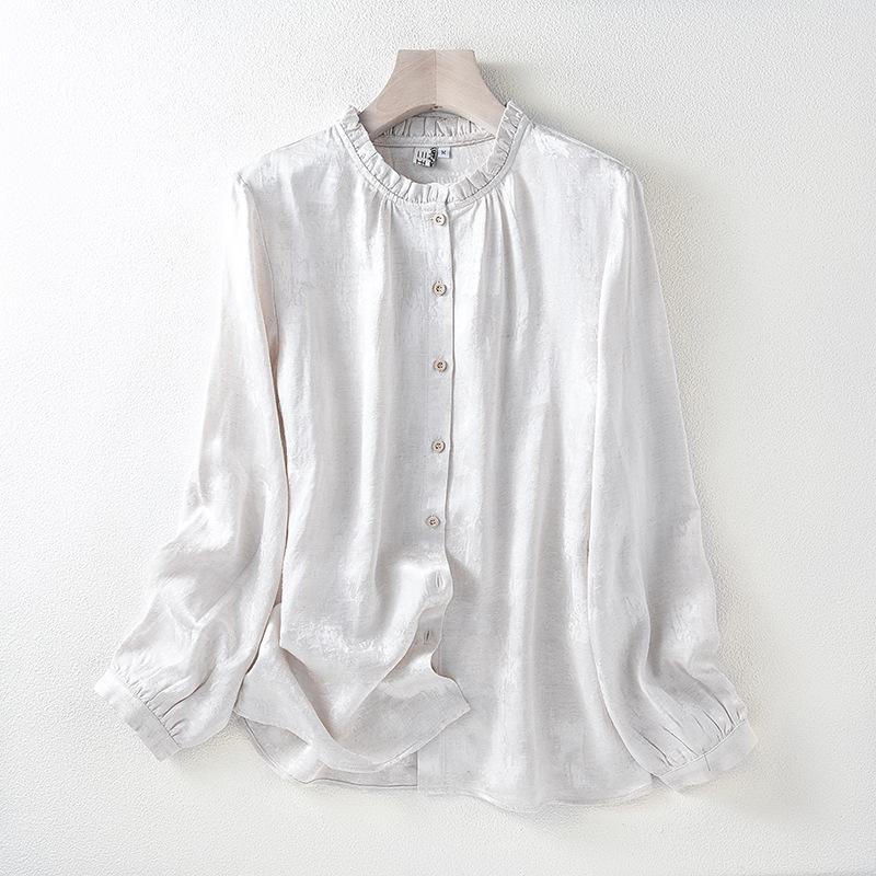 Retro Cotton Linen Jacquard Long Sleeve Shirt for Women - Spring 2026 Collection M белый
