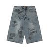 Yaz Erkek Vücut Geliştirme İşlemeli Şort Kot Erkek Geniş Paça Diz Boyu Retro Denim Pantolon Bol İpli Pantolon