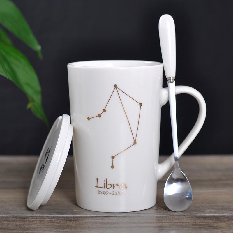 Zodiac Ceramic Mug Set: Gold Constellation Design with Lid & Spoon