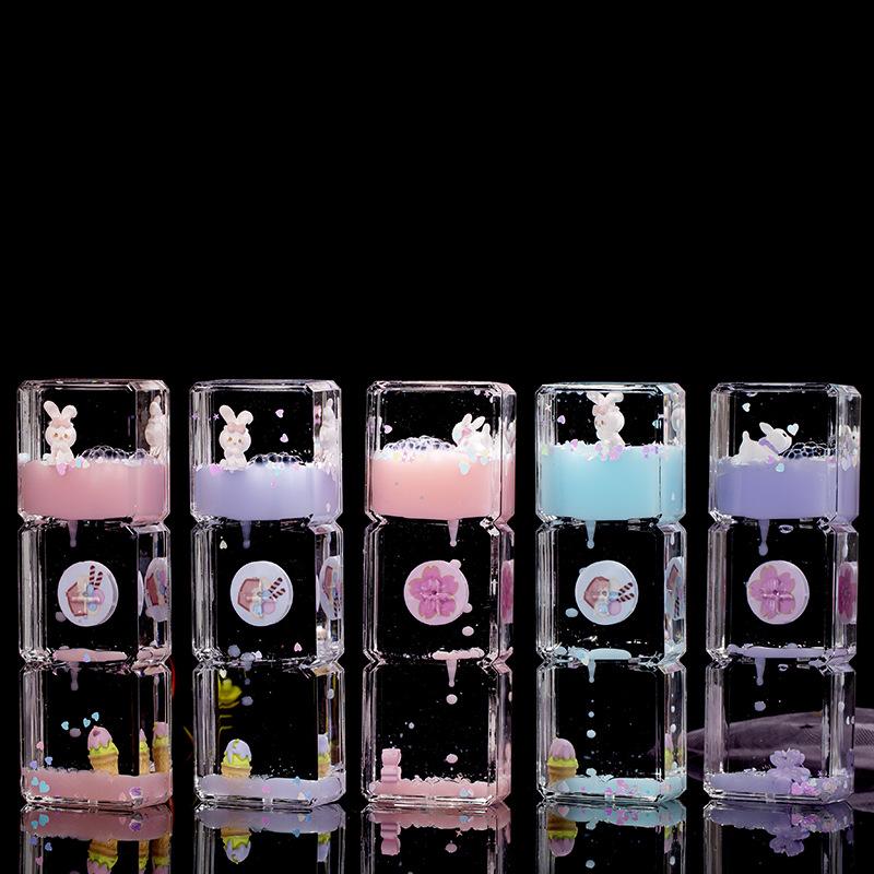 Geometry 3Layers Acrylic Square Cartoon Rabbit Oil Drop Drifting World Toy Children Hourglass Toy For Creative Kid Birthday Gift
