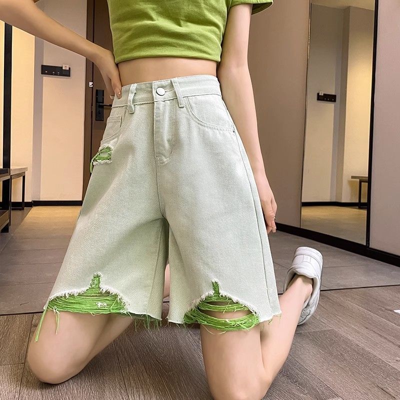 Green Denim Shorts for Women In Summer Thin Cut with Holes Beggar Pants High Waist Covering Thighs Wide Legs A-line Five Quarter Pants