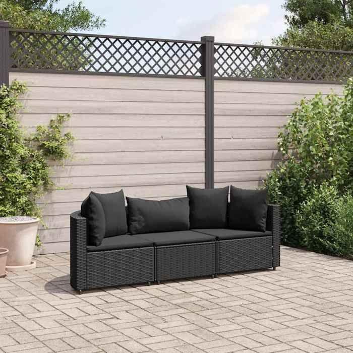 VidaXL Salon de jardin 3 pcs avec coussins noir résine tressée, ensemble de canapés d'extérieur, canapé d'angle de jardin, 3308451
