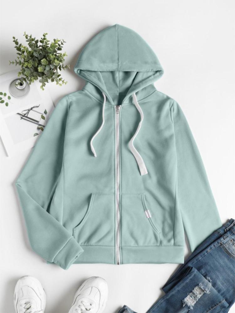 Women's Casual Solid Color Sports Hooded Zipper Jacket Sweatshirt Cardigan Top