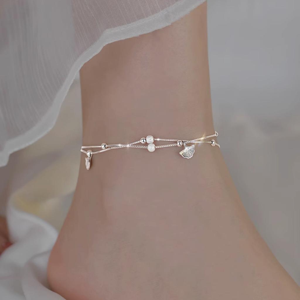 Double Layer Ginkgo Leaf Anklet For Women Vintage Minimalist High-End Small Trendy Fashion Versatile Foot Jewelry