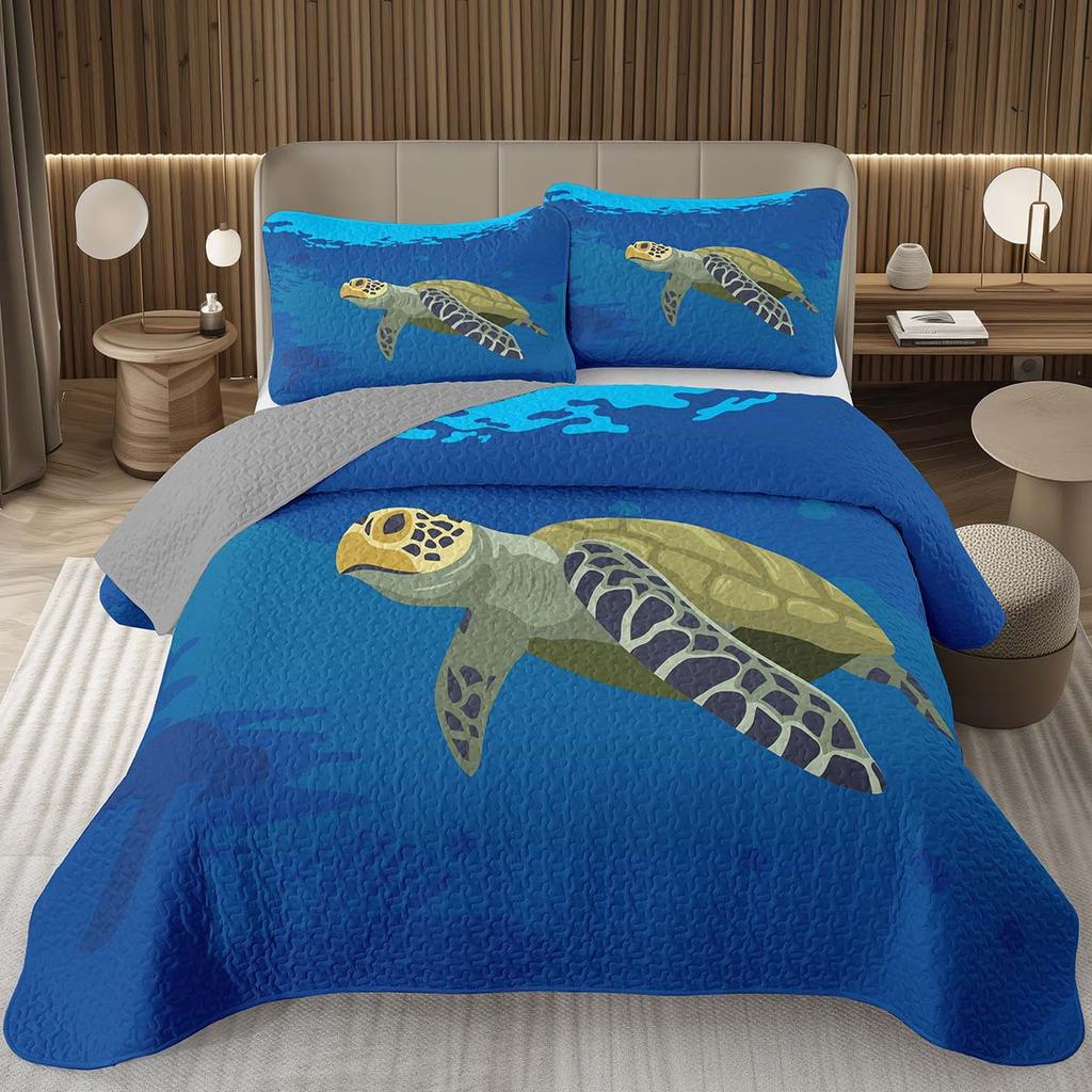 Sea Turtle Bedspread Queen Twin Underwater World Ocean Animal Coverlet Reptile Tortoise Print Quilted Bedding Set for Kids Adult